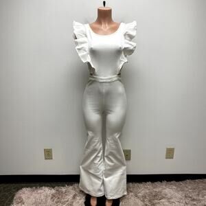 Flying Tomatoes White Denim Stretch Jumpsuit Ruffle Open Back Flare Leg Medium